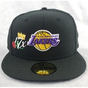 New Era Los Angeles Lakers Black Fitted Hat 7 5/8 NBA Champions Crow Patches Cap